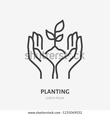 Hands holding soil with plant flat line icon. Vector thin sign of environment protection, ecology concept logo. Agriculture illustration. Royalty-Free Stock Photo #1235069032