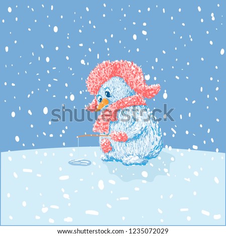 The snowman is fishing. Against the backdrop of snowfall