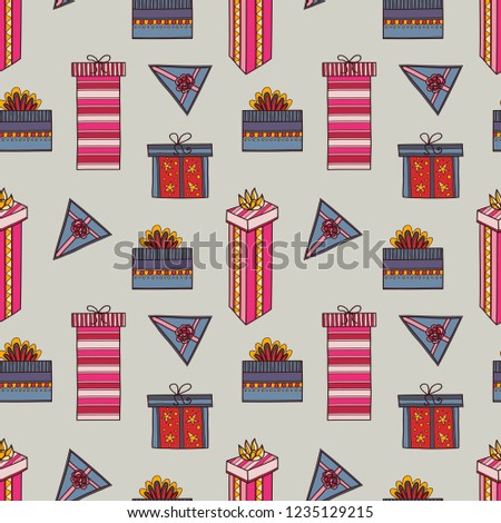 Seamless pattern with cute hand drawn gift boxes. Doodle vector event collection