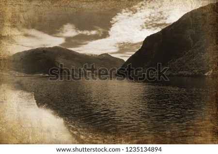 Scenery on the coast of fjord in retro stile photo