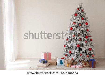 Christmas Interior white room greeting card new year tree gifts