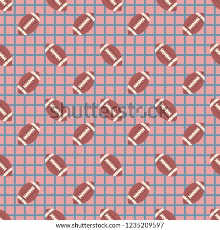 Cute american football vector pattern on checkered pastel background, seamless repeat. Trendy flat illustration style. Retro colored games & sports design element.