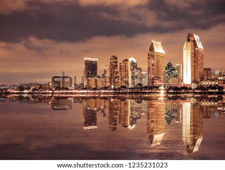 Beautiful San Diego California skyline and bay seen at night