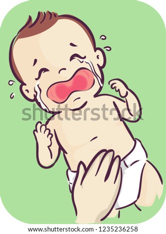 Illustration of a Crying Baby Boy with a Hand Rubbing His Belly to Relieve Abdominal Pain or Cramps
