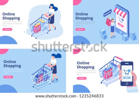 Online shopping isometric concept. Isometric Women and men characters with shopping bags and shopping carts. 	
Different People making online shopping.
Big Sale. Flat vector design.