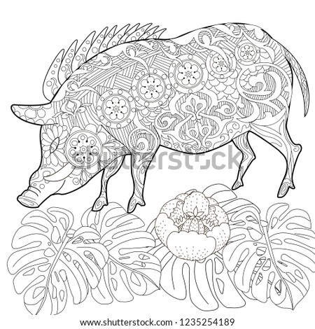 Coloring Pages. Coloring Book for adults. Cute Pig - 2019 Chinese New Year symbol. Antistress freehand sketch drawing with doodle and zentangle elements.