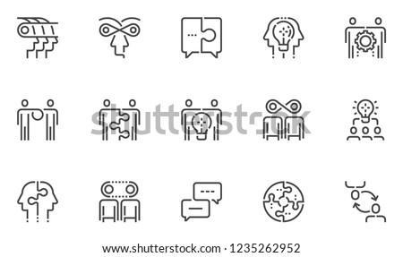 Synergy Vector Line Icons Set. Synergy Mind, Human Interaction, Exchange of Views, Team Collaboration, Business Cooperation. Editable Stroke. 48x48 Pixel Perfect. Royalty-Free Stock Photo #1235262952