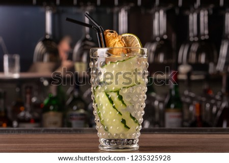 Glass of gin tonic cocktail decorated with cucumber at bat counter background.