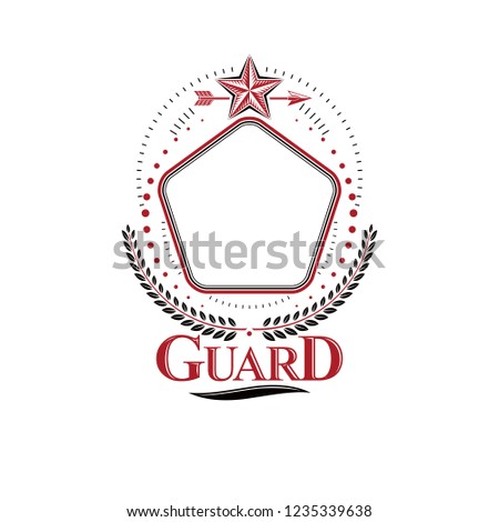 Graphic emblem created using pentagonal star, spear and empty copy-space. Heraldic Coat of Arms, vintage vector logo.