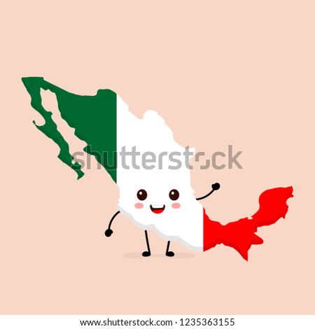 Cute funny smiling happy Mexico map and flag character. Vector cartoon character illustration icon design. Mexico map outline concept