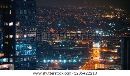 Aerial view of Downtown Los Angeles, CA at night