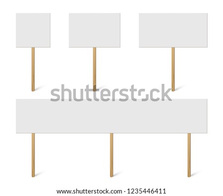 Blank banner mock up on wood stick collection. Vector empty different board plank holder set. Protest signs isolated on white background Royalty-Free Stock Photo #1235446411