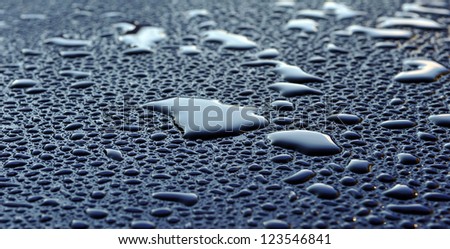 Water drops after heavy rain in the morning sunrise at metallic car paint