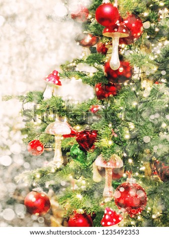 Christmas tree decoration ornaments lights. Vintage style toned picture