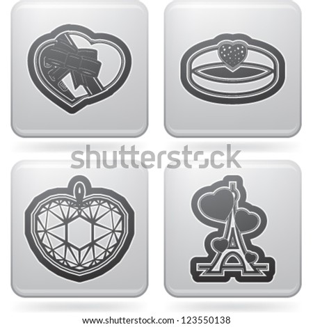 4 icons depicting symbols of Valentine's Day. Pictured here left to right, top to bottom:  Chocolates box, Ring, Diamond heart, Eiffel tower trip.