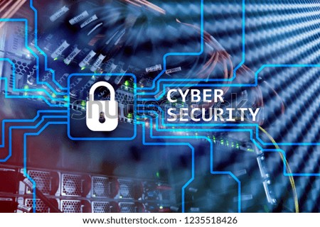 Cyber security, information privacy and data protection concept on server room background.