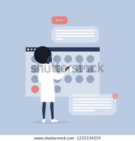 Young black female manager planning the project in digital calendar. Organising the working process. Deadlines. Office life. Flat editable vector illustration, clip art