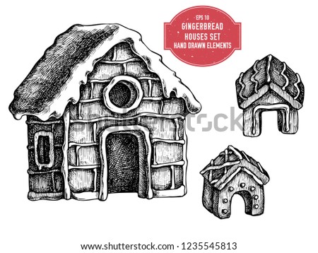 Vector collection of hand drawn black and white gingerbread house