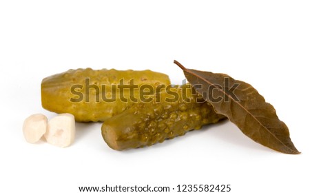 pickled cucumbers and garlic on a white background