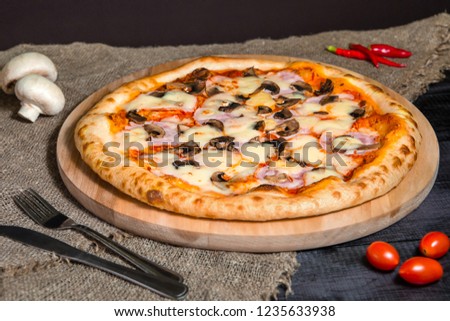 Vegetarian homemade Mushroom pizza with cheese and tomatoes