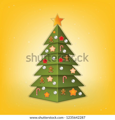 yellow greeting with Christmas tree and decorations