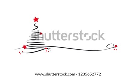 christmas tree in black with red stars, scribble effect, white background