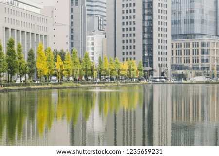 Urban background with Tokyo downtown Marunouchi district and water reflections of trees and buildings in November.
