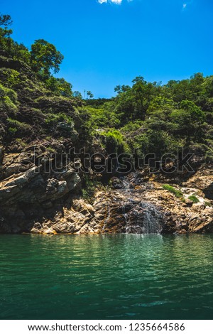water passing through the vegetation on top of the rocks and falling on the lake