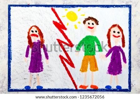 Colorful drawing: Sad lonely girl and a happy girl in a relationship. 