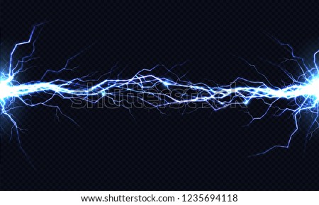 Powerful electrical discharge hitting from side to side realistic vector illustration isolated on black transparent background. Blazing lightning strike in darkness. Electric energy flash light effect Royalty-Free Stock Photo #1235694118