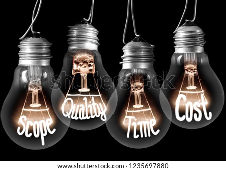 Photo of light bulb group with shining fibers in SCOPE, QUALITY, TIME and COST shape isolated on black background