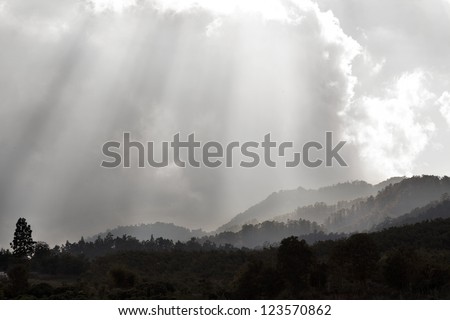 Sun beam on countryside mountain