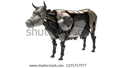 mechanical robot cow in stiunk style on an isolated white background.