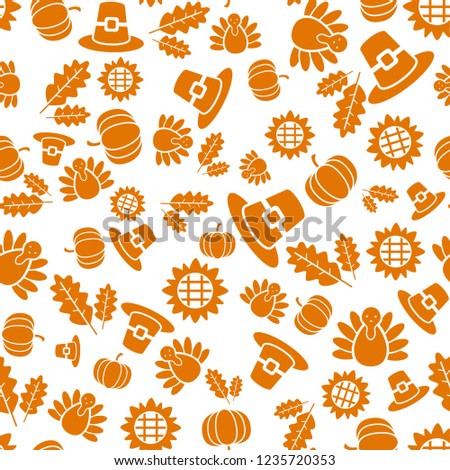 Autumnal Thanksgiving orange and white seamless pattern with turkeys, pumpkin, leaves illustration