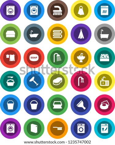 White Solid Icon Set- soap vector, scraper, fetlock, bucket, sponge, towel, bath, drying clothes, washer, washing powder, shower, sink, dishwasher