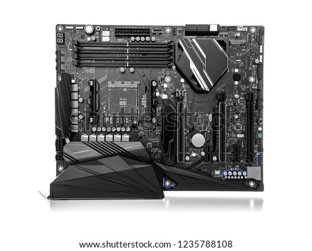 Modern gaming motherboard isolated on white background.