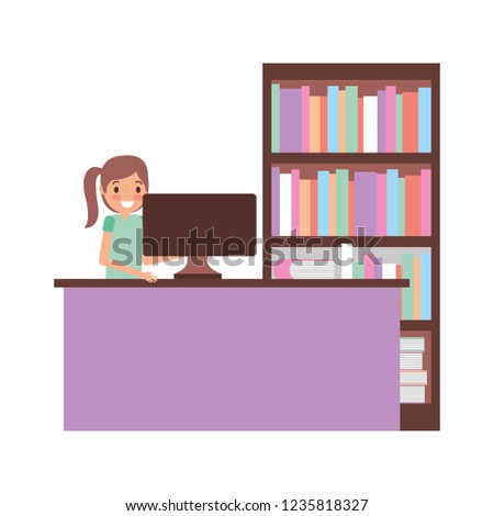 woman with computer and bookshelf