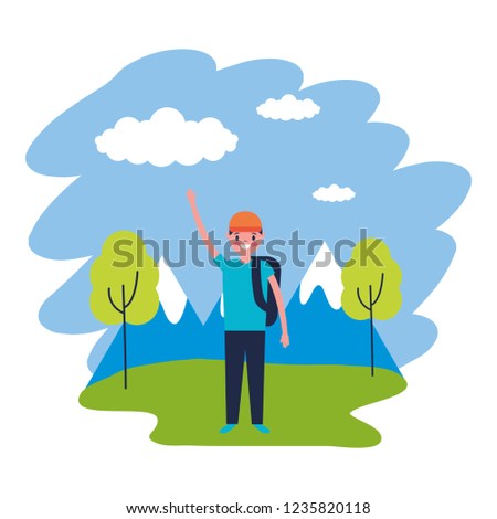 boy with backpack travel mountains landscape