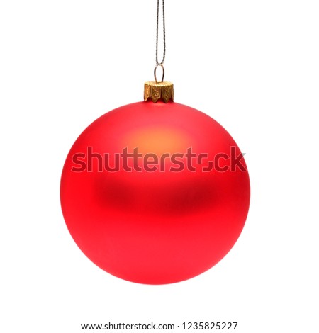 Red christmas ball isolated on white background. Flat lay, top view. Creative concept