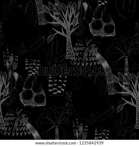 Creative seamless pattern with tropical leaves. Trendy hand drawn texture.
