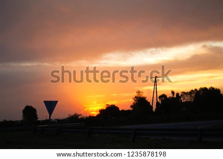 Orange sunset on the route surrounded by trees