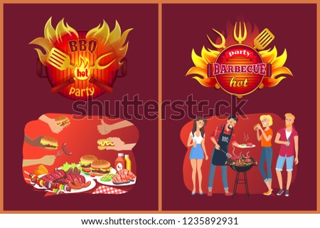 Barbecue party emblems, friends and grill. Hands with roasted food from picnic. Burgers or hot dogs, fried salmon near meat vector illustrations.