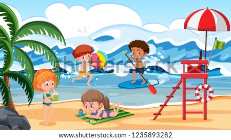 Children having fun on beach scene illustration