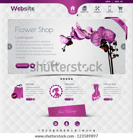 website template for flower shop and web shop, the worn, rubbed effects are on different layers, eps10, contains transparencies for a high realistic effect. Royalty-Free Stock Photo #123589897