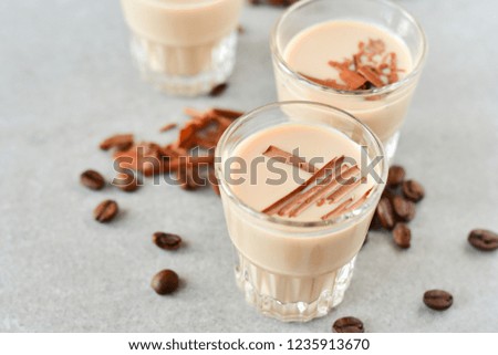 Florence, Tuscany / Italy.  - October 20, 2018. Cold latte coffee in a bar in Italy with coffee beans and chocolate chips