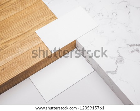 .Creative mockup set. Minimalistic mockup with business cards on wood and warble texture.