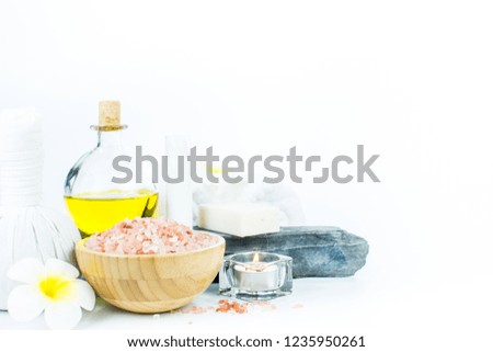 Beauty and fashion concept with spa set isolated on white background. Close up of aroma therapy for wellness center, Beautiful composition of spa treatment and massage, Towels, Cosmetic Pattern.
