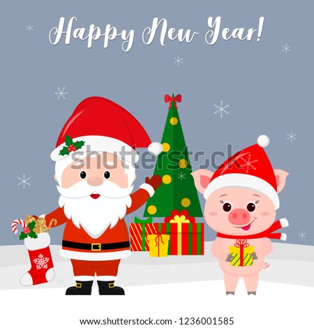 Happy New Year and Merry Christmas greeting card. Cute Santa Claus and cute pig in a Santa hat with a gift. Christmas tree with a gift in the winter on the background of snowflakes. Cartoon, vector