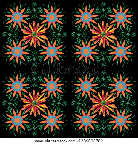 Vintage garden natural seamless pattern with abstract stylized orange, green and black flowers, botanical illustration, cute print. Vector illustration.