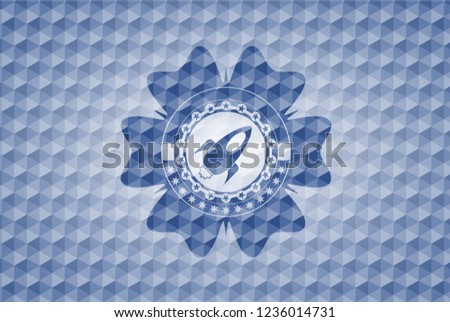 rocket icon inside blue emblem or badge with geometric pattern background.